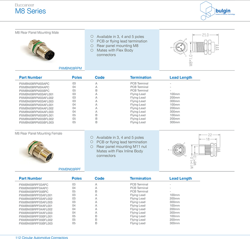 M8 P型母頭前鎖面板焊線式圓形連接器選型 M8 P型母頭前鎖面板焊線式圓形連接器選型